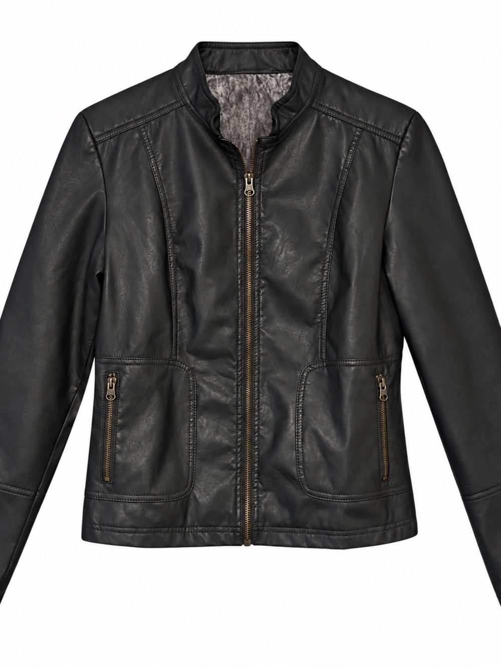 Faded Glory Black Faux Leather Moto Jacket Zip Pockets Women’s Edgy - Picture 2 of 13